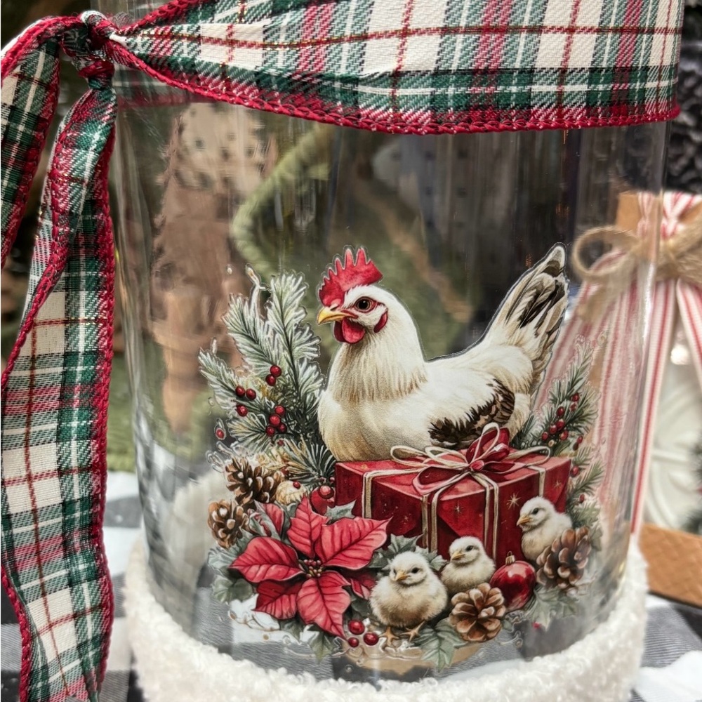 Festive Chicken Holiday Glass Jar with Red and Green Accents